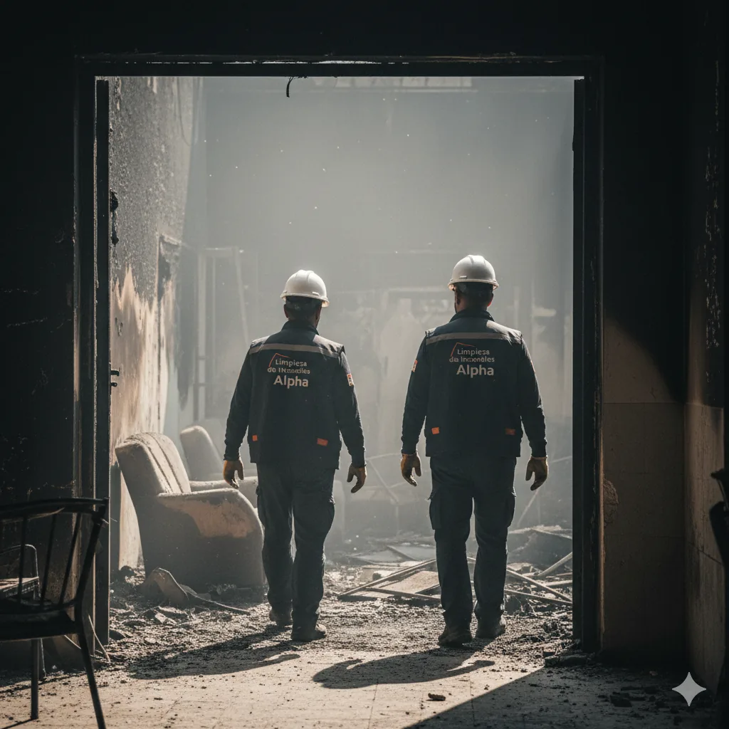 Limpieza Despues de Incendio en Cornellà de Llobregat: equipo retirando hollín y partículas de humo de pared tras incendio doméstico (limpieza tras siniestro, Barcelona)